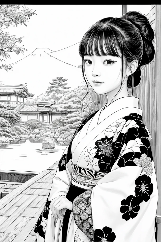 Please create a realistic ukiyo-e illustration of a cute, girl in a kimono that conveys Japanese culture in various poses with (a Japanese garden in the background:1.5), using a simple black and white coloring book that even children can do. The illustration is a illustration with detailed facial features and cartoon-style visuals, (high contrast, sketch, monochrome, clean line drawings for coloring book:1.5)
