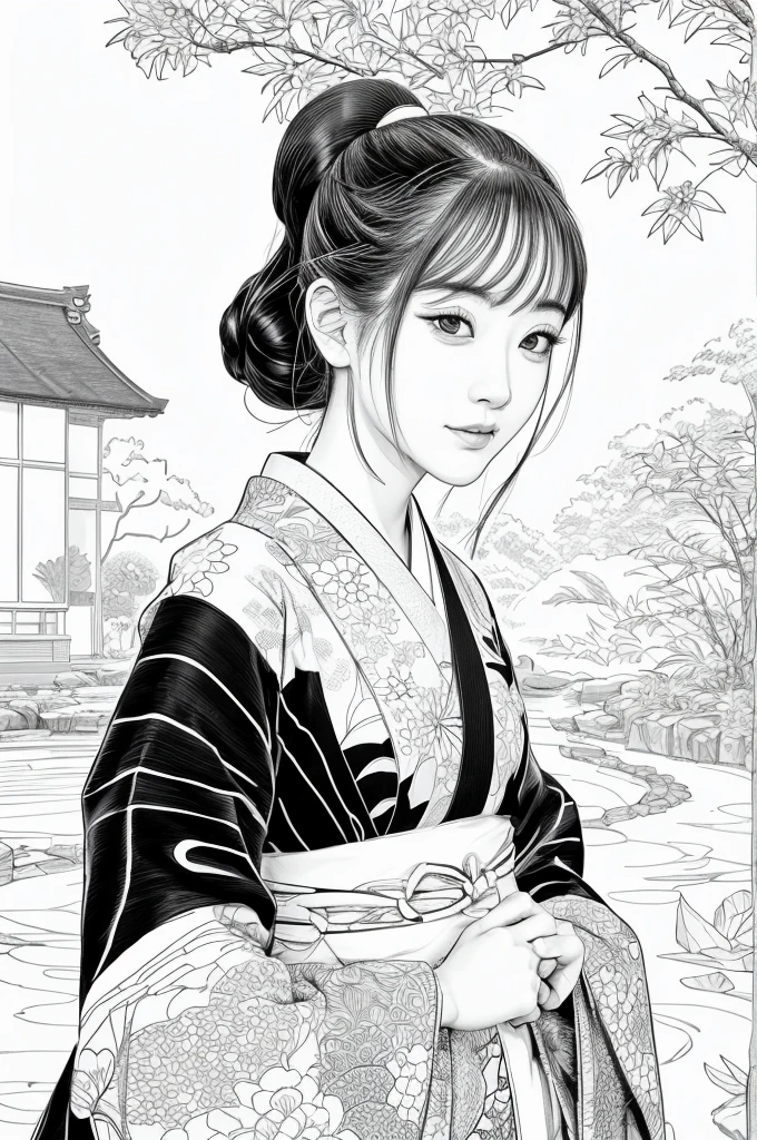 Please create a realistic ukiyo-e illustration of a cute, girl in a kimono that conveys Japanese culture in various poses with (a Japanese garden in the background:1.5), using a simple black and white coloring book that even children can do. The illustration is a illustration with detailed facial features and cartoon-style visuals, (high contrast, sketch, monochrome, clean line drawings for coloring book:1.5)