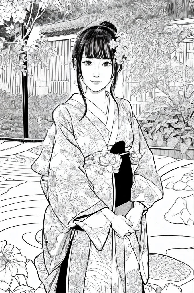 Please create a realistic ukiyo-e illustration of a cute, girl in a kimono that conveys Japanese culture in various poses with (a Japanese garden in the background:1.5), using a simple black and white coloring book that even children can do. The illustration is a illustration with detailed facial features and cartoon-style visuals, (high contrast, sketch, monochrome, clean line drawings for coloring book:1.5)