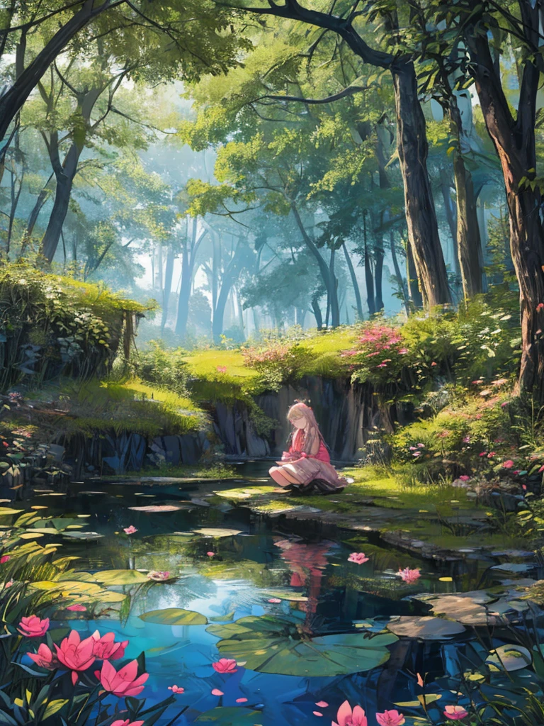((((Outdooring,The wilderness, pond, lake)), 1girl, calm, sitting, (((Verdant Huntress)), (fairy:, pale skin, long hair, ((green eyes)), ((radiant aura)), ((strength emanating from the whole)), pink bow, green clothes, (natural attire), (( accessories)), ((lighting:1.2), soft, gentle, peaceful)), ((centered)), (wide shot), facing viewer, ((pond ripples,))(((wolf pack:0.5))), ((kneeling)), ((resting hands, hands on knees,))), hands folded, (curl knees), looking down, focusing on the natural world, ((serene face,)) friendly, harmonious, उपदेश), (soft focus), (under natural lighting), raised head, peaceful back), ((((goddess)), fair weather), ((spring-like atmosphere)), wind, blowing, the trees, guardrail,), reflecting calmness