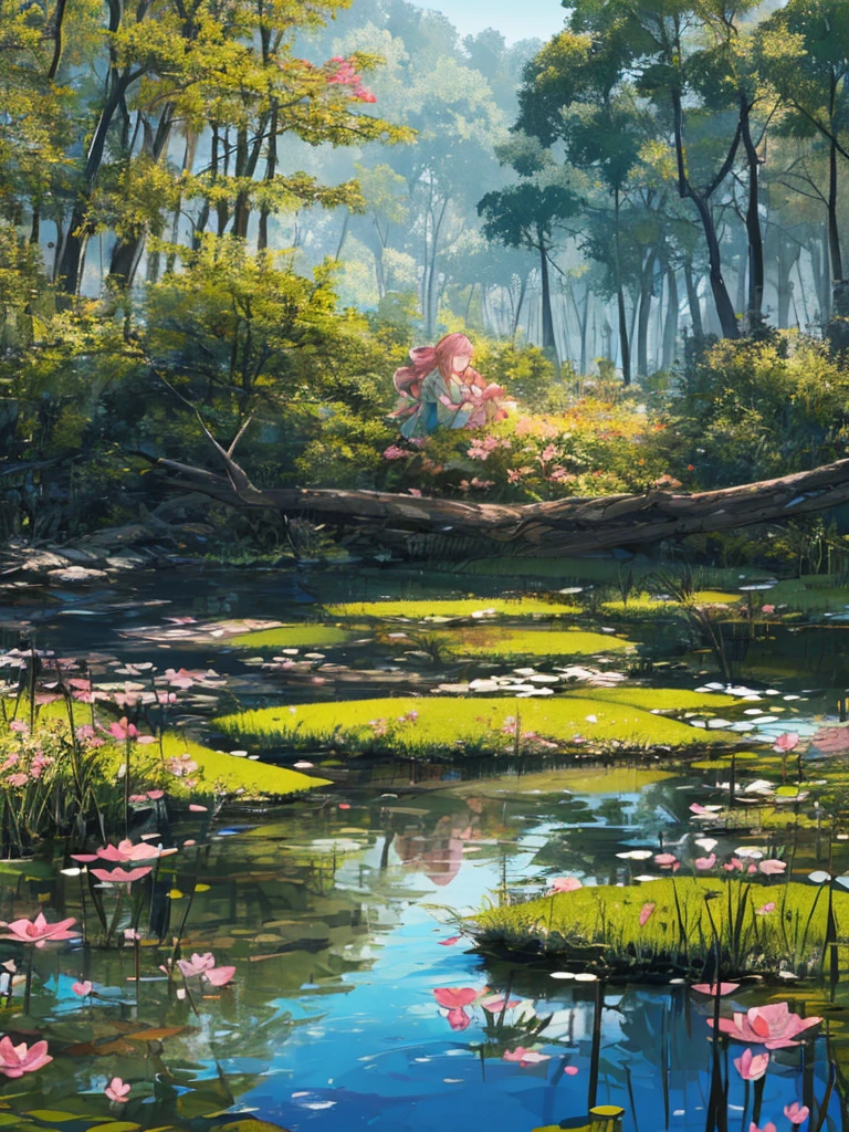 ((((Outdooring,The wilderness, pond, lake)), 1girl, calm, sitting, (((Verdant Huntress)), (fairy:, pale skin, long hair, ((green eyes)), ((radiant aura)), ((strength emanating from the whole)), pink bow, green clothes, (natural attire), (( accessories)), ((lighting:1.2), soft, gentle, peaceful)), ((centered)), (wide shot), facing viewer, ((pond ripples,))(((wolf pack:0.5))), ((kneeling)), ((resting hands, hands on knees,))), hands folded, (curl knees), looking down, focusing on the natural world, ((serene face,)) friendly, harmonious, उपदेश), (soft focus), (under natural lighting), raised head, peaceful back), ((((goddess)), fair weather), ((spring-like atmosphere)), wind, blowing, the trees, guardrail,), reflecting calmness