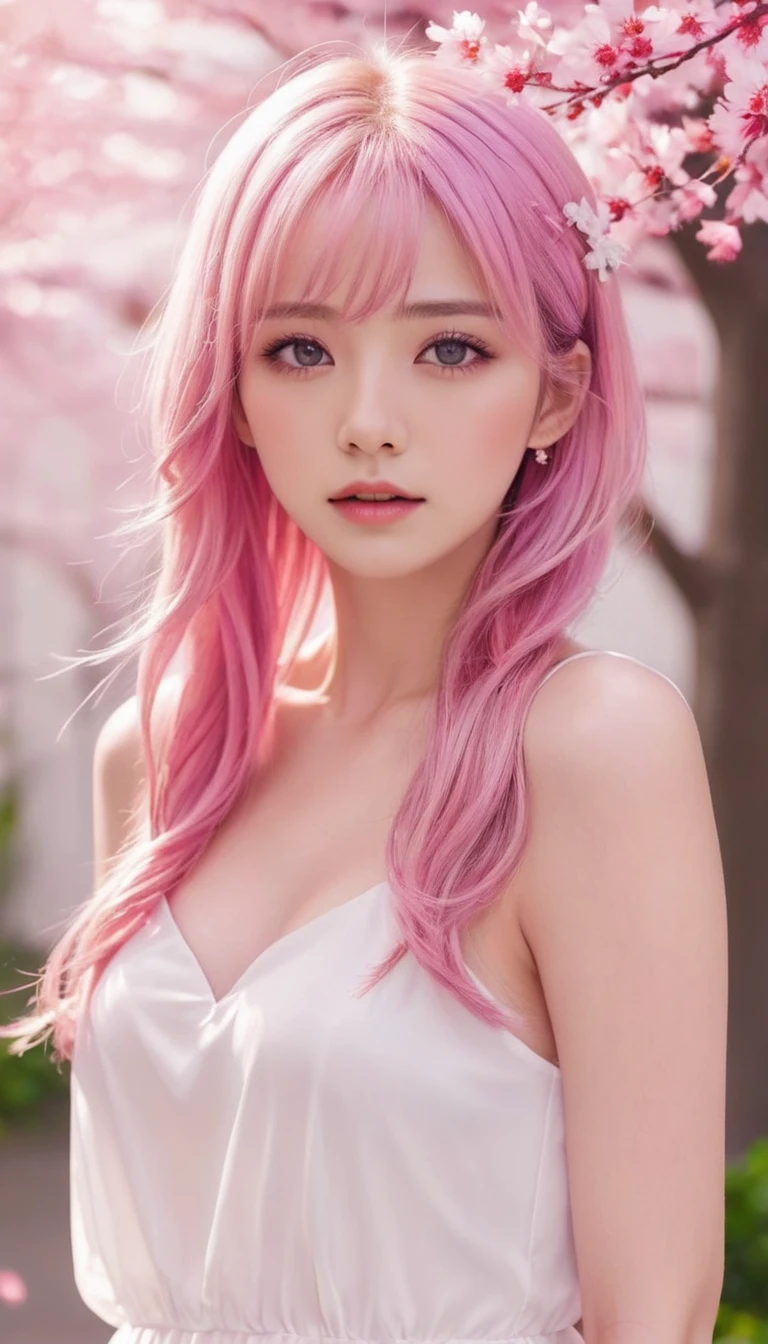 Light pink hair, pink eyes, pink and white, sakura leafs, vivid colors, white dress, paint splash, simple background, ray tracing, wavy hair