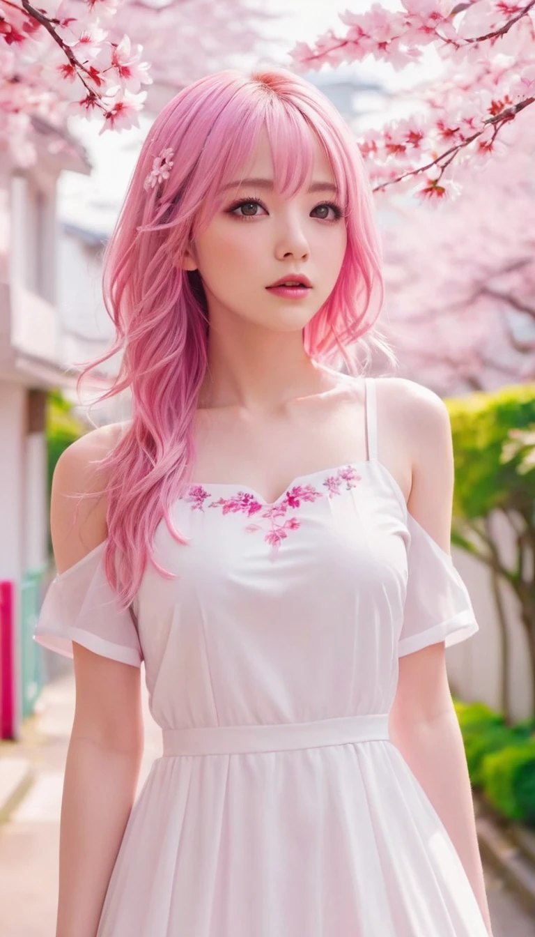 Light pink hair, pink eyes, pink and white, sakura leafs, vivid colors, white dress, paint splash, simple background, ray tracing, wavy hair