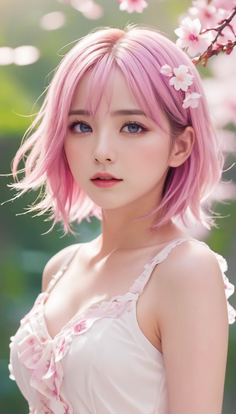 Light pink hair, pink eyes, pink and white, sakura leafs, vivid colors, white dress, paint splash, simple background, ray tracing, wavy hair