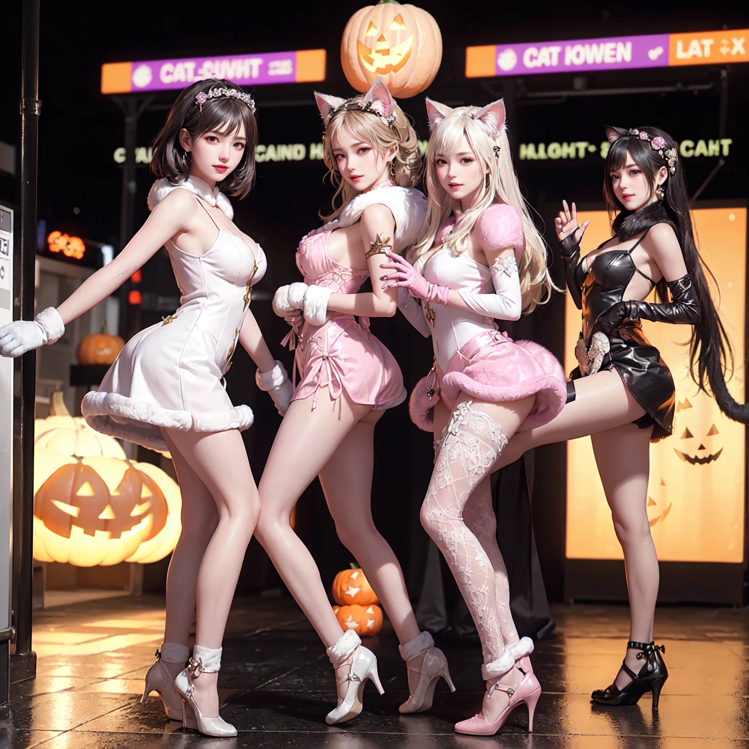 masterpiece, top-quality, top-quality, Beautifully Aesthetic:1.2, ((5 girls)), Halloween night, 
((Middle girl is Wearing a high-quality pink costume of fur, gloves of Cat, fur miniskirt):1.2), high detailed, 
((Left girl is Wearing a high-quality pink costume of fur, gloves of Cat, fur miniskirt):1.2), high detailed, 
((Right girl is Wearing a high-quality pink costume of fur, gloves of Cat, fur miniskirt):1.2), high detailed, 
(five girls are standing side by side in a neat line:1.3), large breasts, firm breast, nicely shaped breasts, slender figure, 
((Bleached Hair)), wavy hair, (medium long hair:1.2), 
((At the middle of very crowded Shibuya Scramble Crossing decorated with Halloween decorations at late night:1.2)), ((Surrounded by many people dancing for Three girls)), (Full body shot:1.1), (From side:1.3), (Looking at viewer),