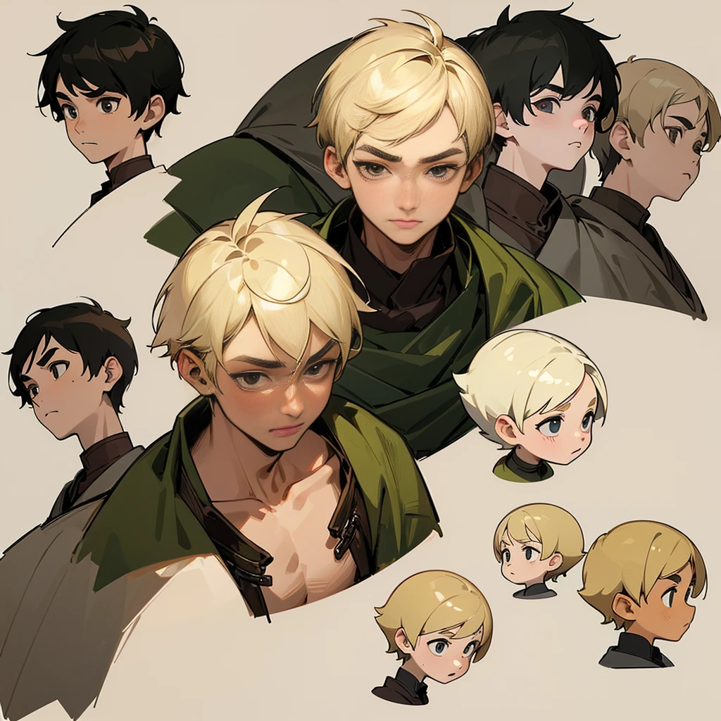 ((expressions sheet)), (simplified face portrait), (half-body), (solo), (1boy), His face is a mix of Asian and Western, Pixie cut hair style, blonde hair color, hazel eyes, big eyes, droopy eyebrows, small lips, medieval clothes, belts, villager, there is a burn on his neck 