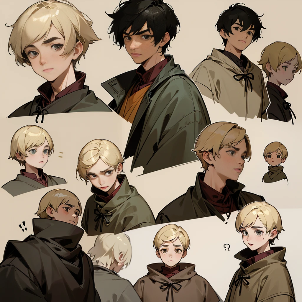 ((expressions sheet)), (simplified face portrait), (half-body), (solo), (1boy), His face is a mix of Asian and Western, Pixie cut hair style, blonde hair color, hazel eyes, big eyes, droopy eyebrows, small lips, medieval clothes, belts, villager, there is a burn on his neck 