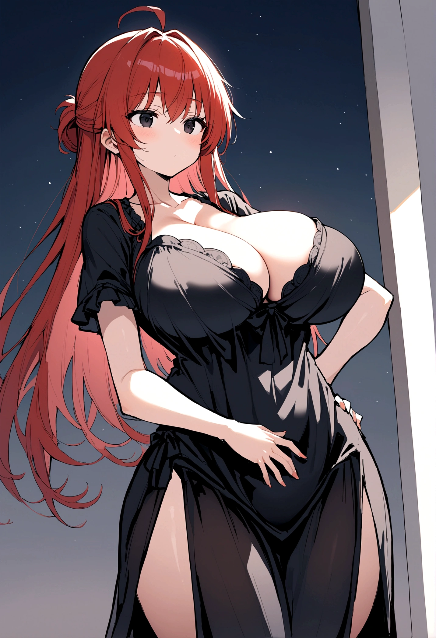 My name is Hikaru, I am a white test woman with long red hair and black eyes. I am 1.60 cm tall and weigh 46 kg. My breast sizes are 300 cm, my waist is 60 cm and my hips are 200 cm. Dressed in a short black nightgown . With big breasts 310 cm