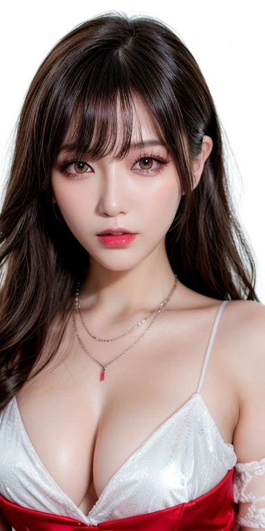 Canon RF 85mmf/1.2,masutepiece,Best Quality,超A high resolution,tu,1 girl,(Korean mixed,Kpop Idol:1.2),Solo,white_shiny_skin,Black eyes,Necklace,brown_long_Wavy_hair,Red lipstick bright_shiny_Lips,Eyelashes,Bangs,deal,make - up,shiny,Pore,skin texture,Bracelet,off shoulders,See-through,Big breasts