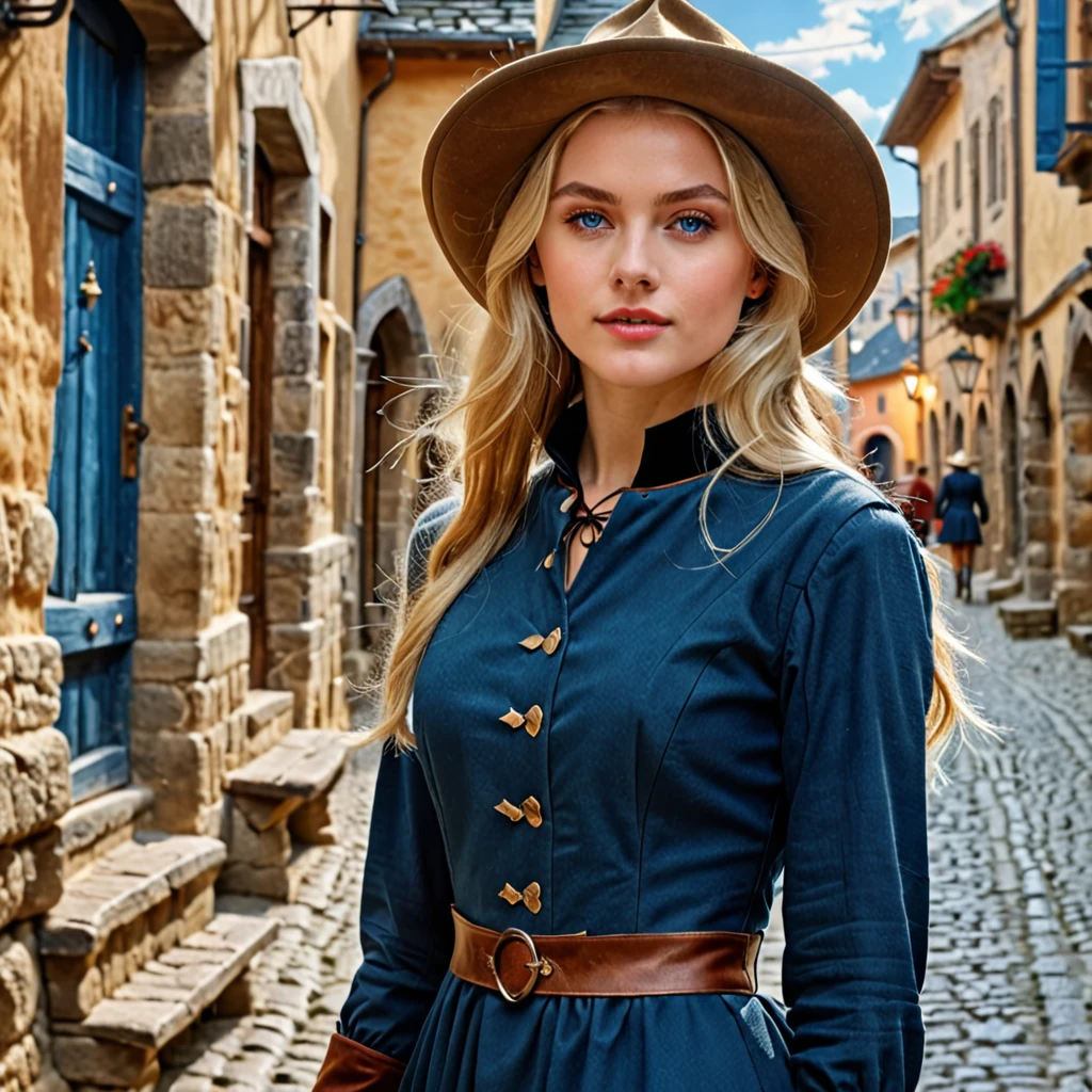 Top quality, masterpiece, realistic photo, exquisite details, raw photo, super detailed, old fashioned young woman, hunter's tunic, pointed hat, blonde hair, perfect details, blue eyes, walking through an old town, HD quality, 8K, young woman, 