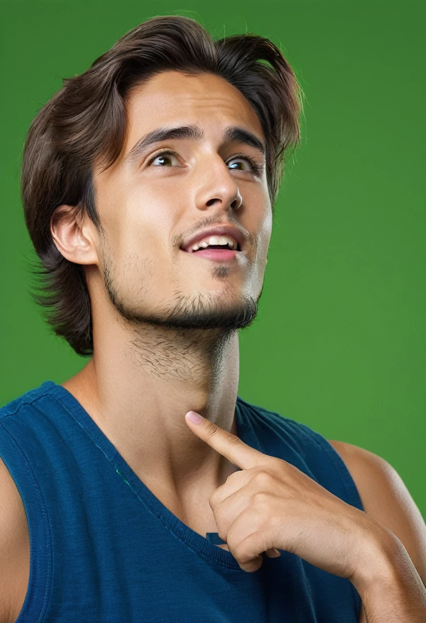 24-year-old man in a blue vest thinking, look up, green background, green chroma, index finger on cheek, low smile, professional photo, medium shot, realistic photo, 8k