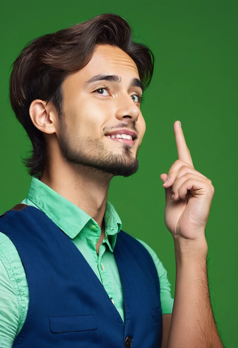 24-year-old man in a blue vest thinking, look up, green background, green chroma, index finger on cheek, low smile, professional photo, medium shot, realistic photo, 8k