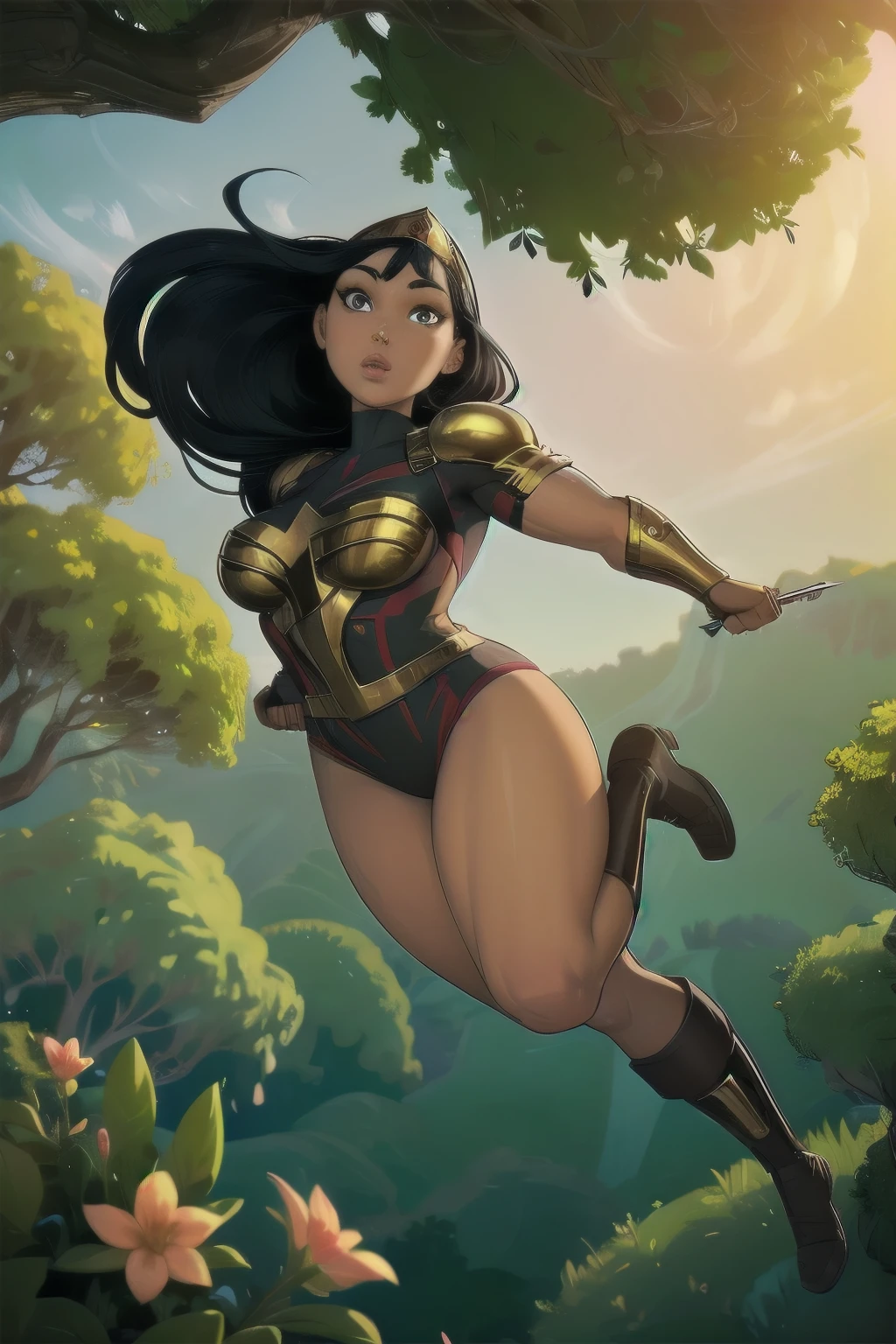 (cowboy shot), sfw, (artwork), CARTOON, ANIME, CARTOON ARTSTYLE, (Detailed face:1.2), (Detailed eyes:1.2), (Hourglass figure:1.2), 1girl, alone, Yara Flor, long black hair, tanned bronze skin, bright hazel eyes, hyper-detailed, perfect body, detailed eyes, beautiful girl, superhero, leotard, golden armor, embroidery, tiara, bare legs, golden armored boots, ripped muscles, athletic physique, Looking at viewer, holding a golden lasso, she's leaping into the air, midair (above the Amazon Rainforest, tall tree's, vines, flowers, outdoors, gorgeous view)
