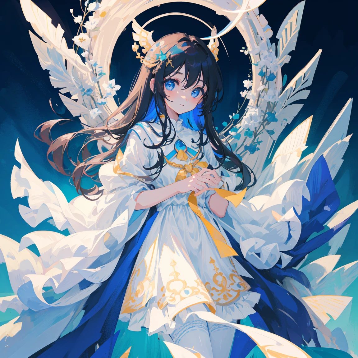 (((Masterpiece))),(((Best quality))),((Extremely detailed)),(illustration),((Extremely exquisite and beautiful)),(Beautiful and delicate eyes),(Detailed lighting) (1 Girl), solo , floating_hair,Glowing eyes,浅蓝色的hair,Blue eyes, Double tail, Light blue sky background,Light blue church monument background，White pantyhose，Cross necklace，Smile (Anime style), Beautiful and delicate face，（Cute face：1.3），（big eyes：1.2），（Priest girl clothing），Installation details，（Magic Effects：1.3），floating long dress，（Thin cloth：1.2），Clear facial features