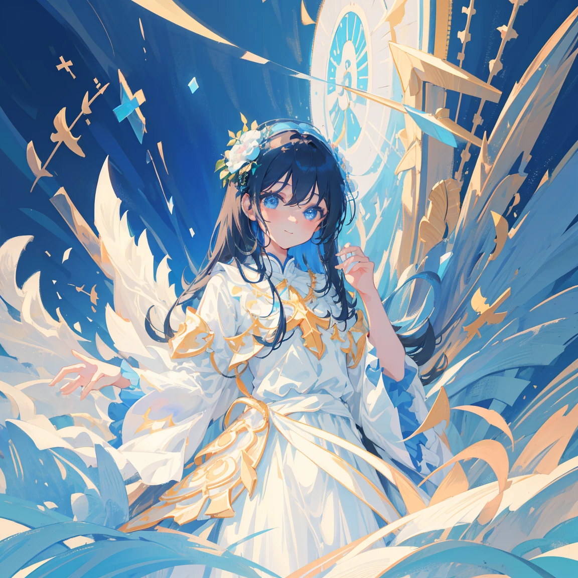 (((Masterpiece))),(((Best quality))),((Extremely detailed)),(illustration),((Extremely exquisite and beautiful)),(Beautiful and delicate eyes),(Detailed lighting) (1 Girl), solo , floating_hair,Glowing eyes,浅蓝色的hair,Blue eyes, Double tail, Light blue sky background,Light blue church monument background,White pantyhose,Cross necklace,Smile (Anime style), Beautiful and delicate face,(Cute face:1.3),(big eyes:1.2),(Priest girl clothing),Installation details,(Magic Effects:1.3),floating long dress,(Thin cloth:1.2),Clear facial features