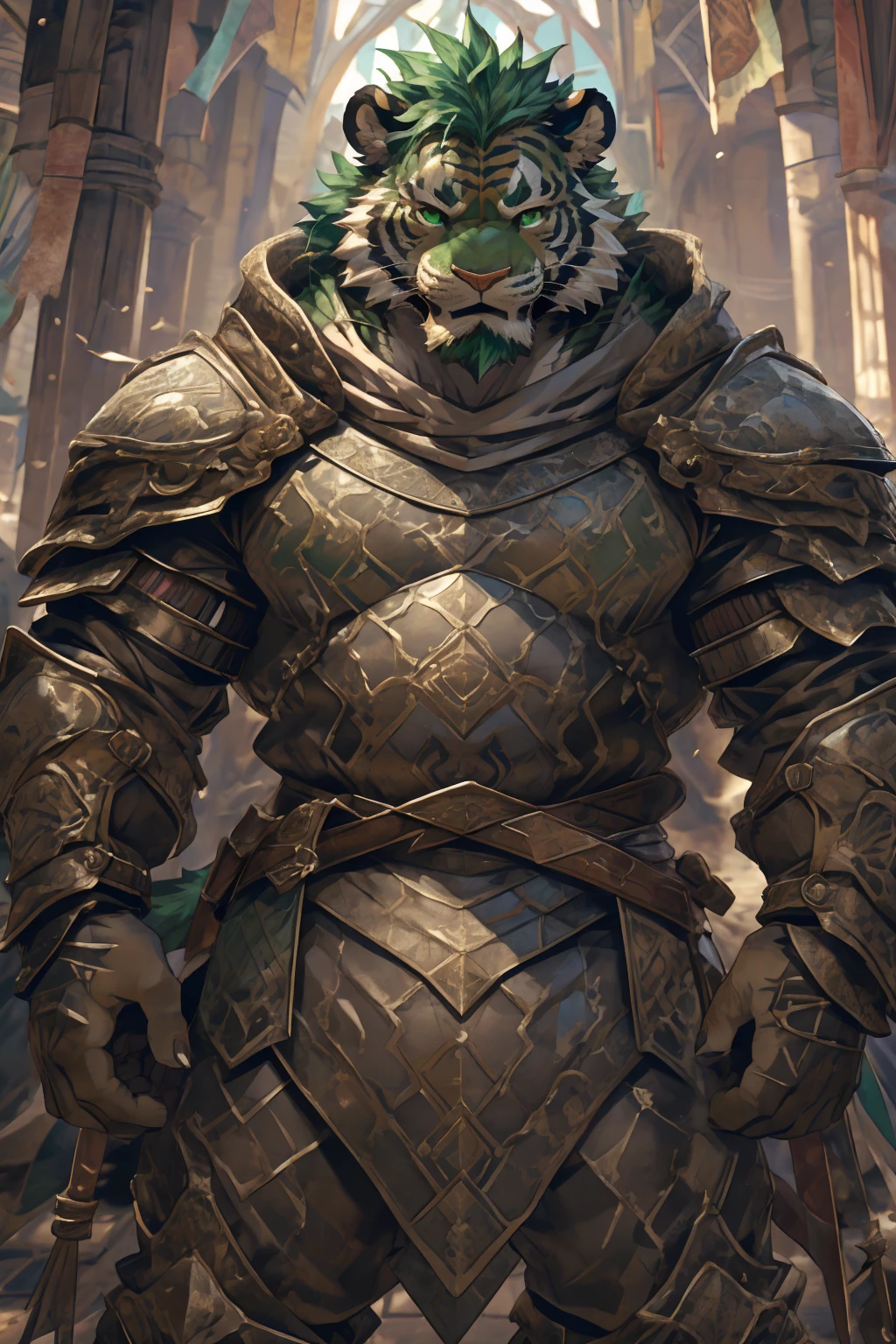 (淡翠色tiger),(Medieval War Armor:1.2),(Medieval Armor:1.3),Holding a spear,Awesome posture,Standing proudly and confidently,(The background is an endless sea:1.2),Abdominal muscles,Heroic飒爽,完美的masterpiece,Various facial details,Close-up view,specific description,masterpiece,cg,(Pale green eyes),Light green pattern,Light green tail,Military commander,(Heroic),tiger,Emerald fur,Detailed facial details,Half Body,,(Long feather),((middle aged)),(Face Focus),(16K),HD,Green and white belly,temple,beard,(Face lines),Heterochromia,(Emerald green battle robe),(Emerald green hair),Strong,muscle,(high resolution:1.3),Weeds underfoot