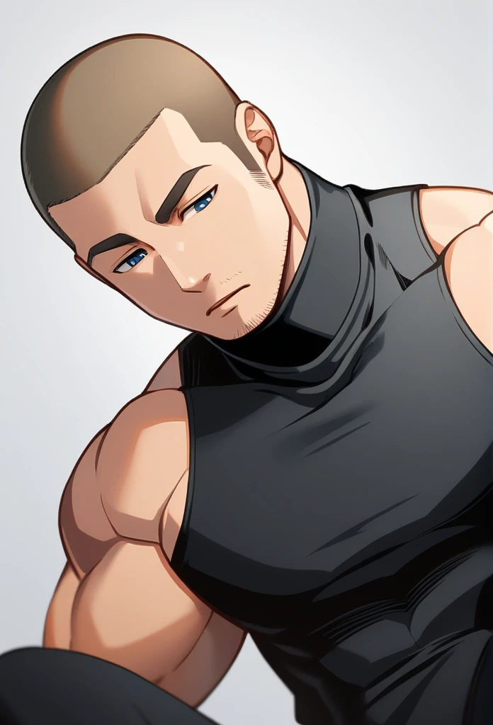 1boy, male focus, sitting facing, sitting with legs open in front, head against the wall, head thrown back, sidepec, muscular male, muscular, bara, defined abs, upper body, solo, huddled pose, looking down, serious, very short hair, buzzcut, stubble, light brown hair, clear blue eyes, parted lips, black turtleneck outfit, white background, simple background, best quality, amazing quality, best aesthetic, absurdres, year 2023