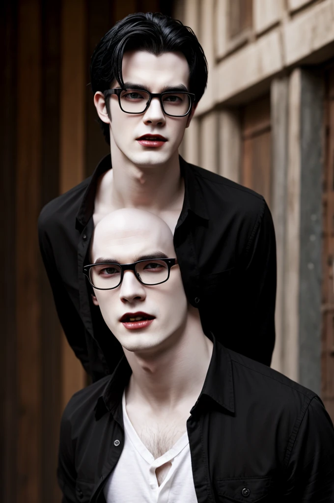Guy Vampire, black hair, Red eyes, pale skin, black shirt, glasses, pale lips, slightly open mouth with hooves