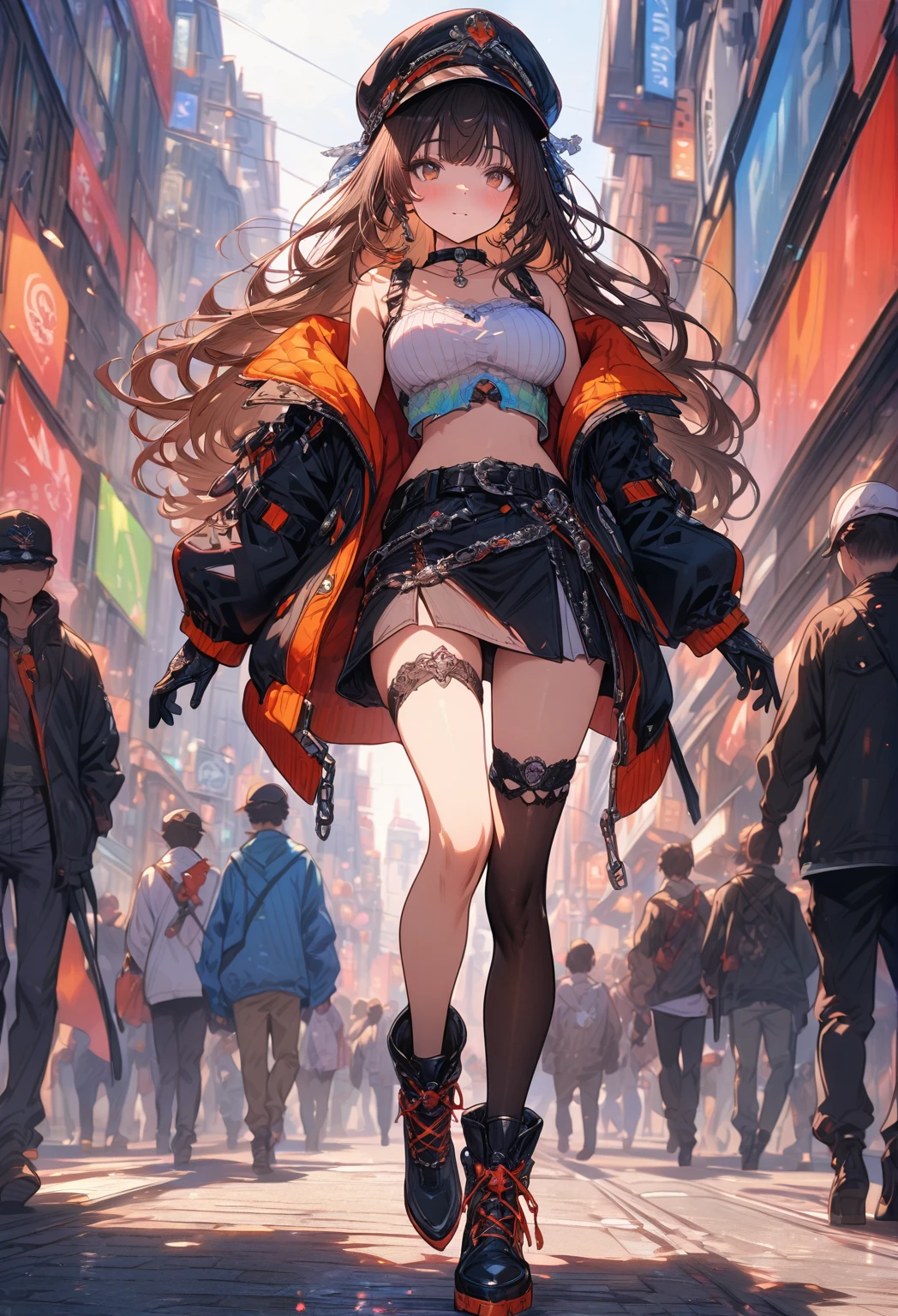 ((masterpiece:0), best quality, very aesthetic, newest, absurdres, detailed, high quality)
BREAK
highest quality, top quality, details, highres, ultra fine painting, digital art, official art, cinematic, 4k, 8k resolution, 8K CG wallpaper, CG, original artwork, detailed background, colorful background, blue atmosphere, High Dynamic Range, blurry background, blue hour, Starburst effects, crepuscular rays, good ISO, high resolution, wide shot, from far away, RAW photo, POV, sharp focus, light reflection, reflections, intricate details, soft light, particle noise, professional photography, bokeh, depth of field, natural lighting, vibrant colors, looking away, detailed lights and shadows, stylish, ultra-detailed, top rated on Pixiv, trending on Artstation, niji style, modern-days, master crafted, pose
BREAK
solo, 1girl, a girl, correct fingers, detailed hair, (medium big breasts:1.2), big thighs, short torso, short body, flushtered, blush, anxious expression, casual, slim, ((cute, childlike face):1.3), nice hips, nice body, brown hair, (long flowing hair:1.1), big 2 buns hairstyle, long bangs, long hair, middle hair bangs, brown eyes
BREAK
((colorful modern style), off shoulder crop top, short skirt, shoulder headset, jacket, cap, belts, straps, choker, headwear, gloves, boots, stockings, garterbelt, accessories, outfit ornaments, , (full body:1.3))
BREAK
a close up of a person walking down a street with a crowd of people, crowded street, crowded streets, in front of a large crowd, giant crowd, girl walking through city, people walking down a street
