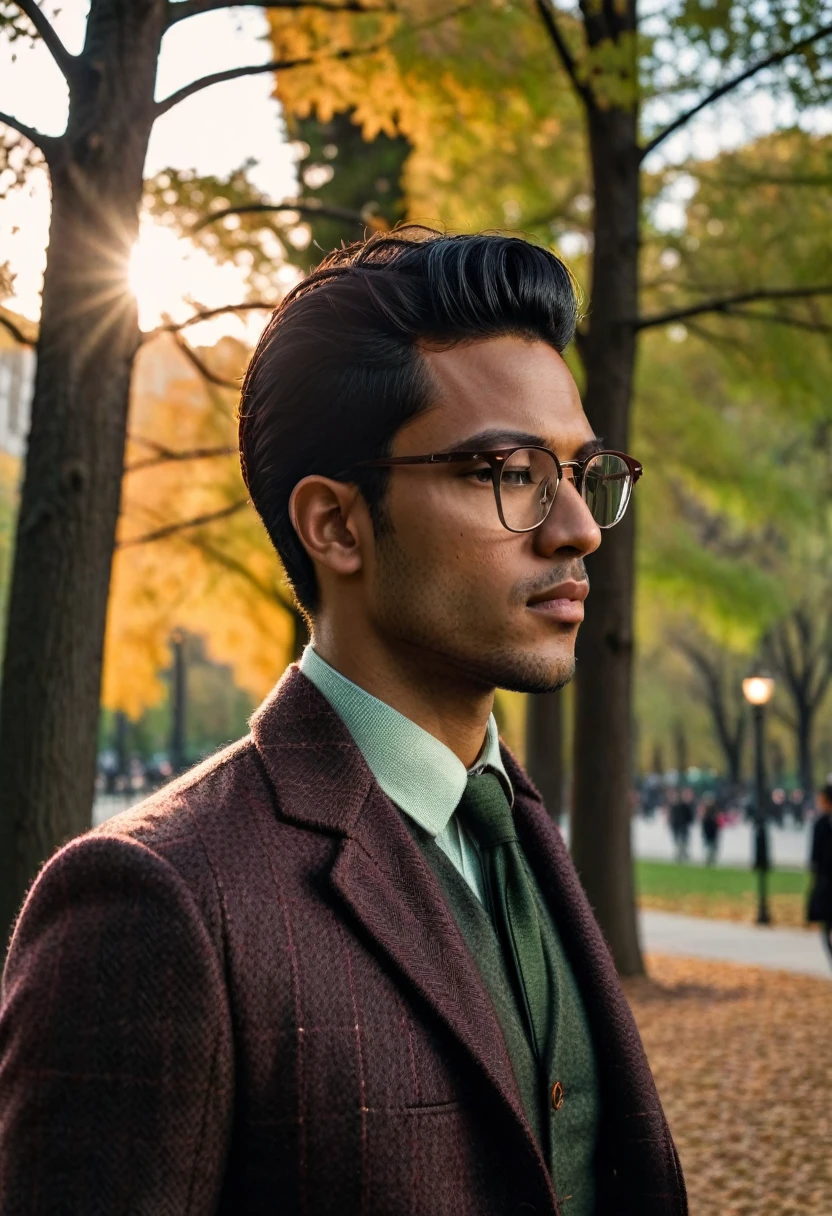 photorealistic, cinematic, raw photo, low angle shot, man, mulatto, 30 years old, black hair, classic side part hairstyle, clean shaven, wearing thin round glasses, dark brown tweed blazer, burgundy sweater, light green checked shirt, dark brown bow tie, walking in city park, lots of tree, autumn, sunrise