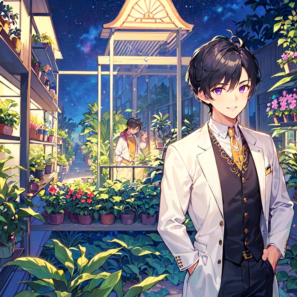 masterpiece,best quality,high quality,(1male austere handsome solo adult age 30 years old:1.5), purple eyes, cool with suspended eyes, V-shaped eyebrows, body strong and fearless 8.5 head tall, height 185cm, (well-groomed black short hair down to neck:1.4), (bangs 7 thirds parted:1.4), slender nose, facial muscles, throat, (pants in houseplant print fashion:1.3), (standing), (stylish pose), (fearless smile:1.3), (botanical garden full of houseplants in background:1.5), (Night Sky:1.2), (upper body:1.3)