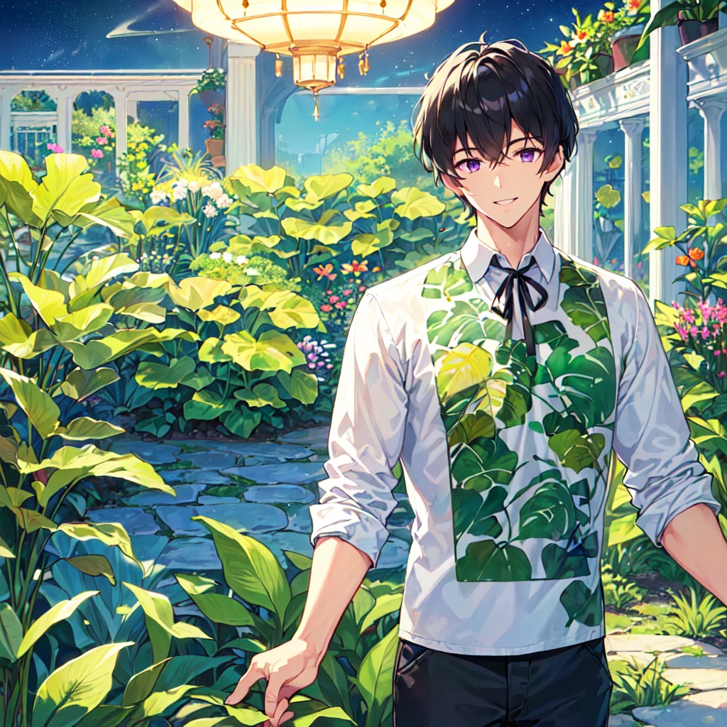 masterpiece,best quality,high quality,(1male austere handsome solo adult age 30 years old:1.5), purple eyes, cool with suspended eyes, V-shaped eyebrows, body strong and fearless 8.5 head tall, height 185cm, (well-groomed black short hair down to neck:1.4), (bangs 7 thirds parted:1.4), slender nose, facial muscles, throat, (pants in houseplant print fashion:1.3), (standing), (stylish pose), (fearless smile:1.3), (botanical garden full of houseplants in background:1.5), (Night Sky:1.2), (upper body:1.3)