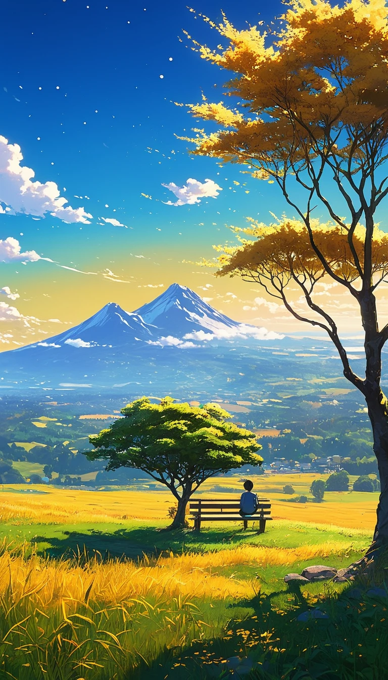 Creates an image of a serene, sunlit rural scene in a vibrant and detailed anime style. The scene is a boy sitting next to a tree in an autumn meadow, watching a vast golden yellow sky with bench spots, incredible sunset, tall grasses, makoto shinkai cyril rolando, 4k anime art wallpaper, small grass, shadows in the leaves of the trees and clouds, and. In the background you can see an infinite mountain range. The sky is a bright blue, dotted with fluffy white clouds. The overall atmosphere is calm and nostalgic, evoking a warm summer day.