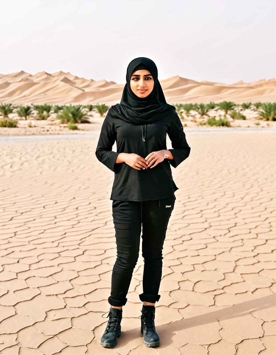 Arab woman in black short hijab in military clothes standing in desert street