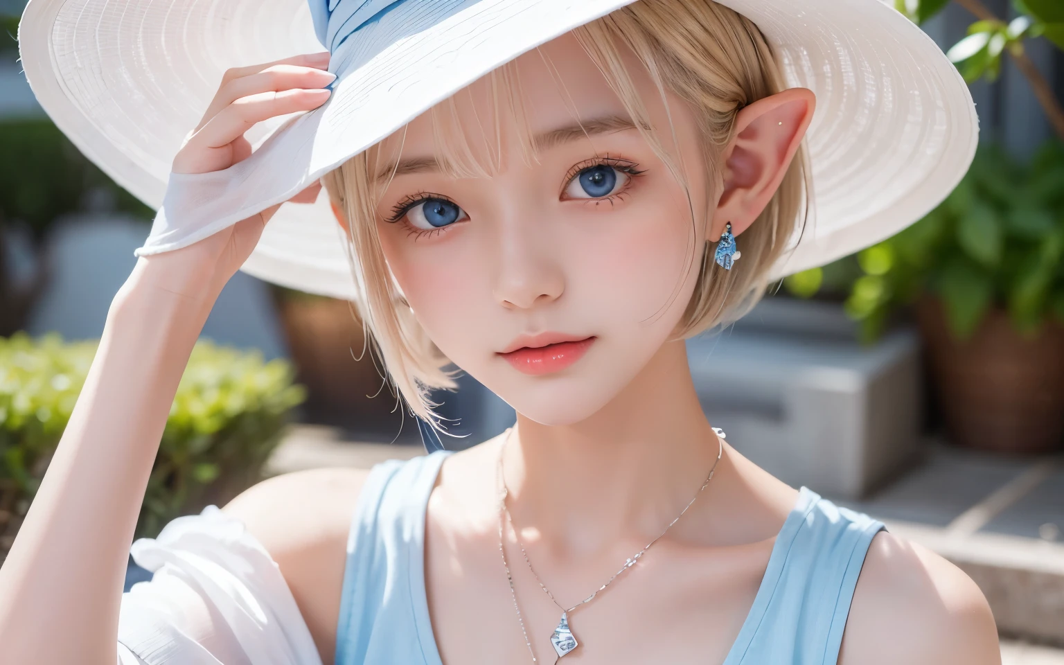 Portrait of a blonde girl in a white hat and a blue shirt , earrings, necklace , extra short hair, sidelocks-hair、Pointy ears like an elf、Upper Body.、The color of her eyes is a clear light blue、、カフェテラス