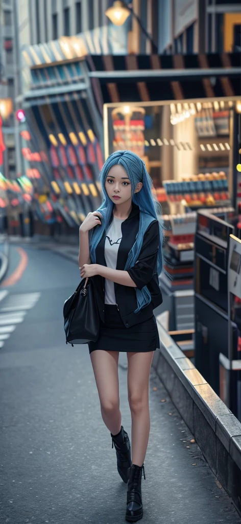 Blue Hair Surrealism, Character table, Reference Table, Standing painting, 8K, Super Detail, 1080P, Women HD, 4K, 8K, 16K, high resolution, best quality, high quality, Anatomically correct, masterpiece, precise, Ultra HD，grace，Unreal Engine，Delicate face，Long braids，slim，Long legs，miniskirt