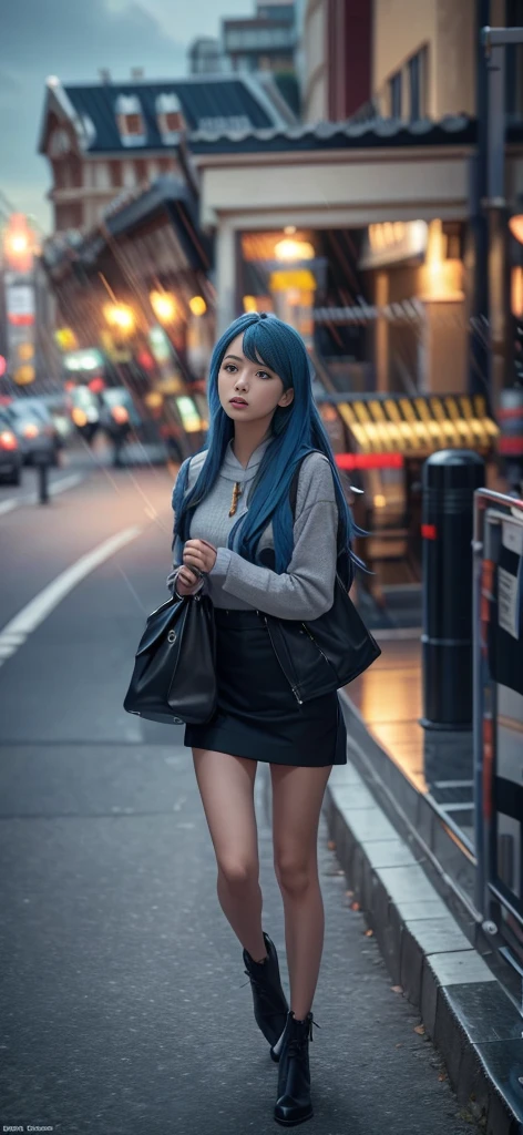 Blue Hair Surrealism, Character table, Reference Table, Standing painting, 8K, Super Detail, 1080P, Women HD, 4K, 8K, 16K, high resolution, best quality, high quality, Anatomically correct, masterpiece, precise, Ultra HD,grace,Unreal Engine,Delicate face,Long braids,slim,Long legs,miniskirt