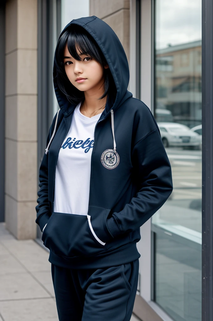 A mature, cool 16-year-old girl in manga style, wearing casual clothes like a hoodie or jogging pants, with dark blue almost black hair.