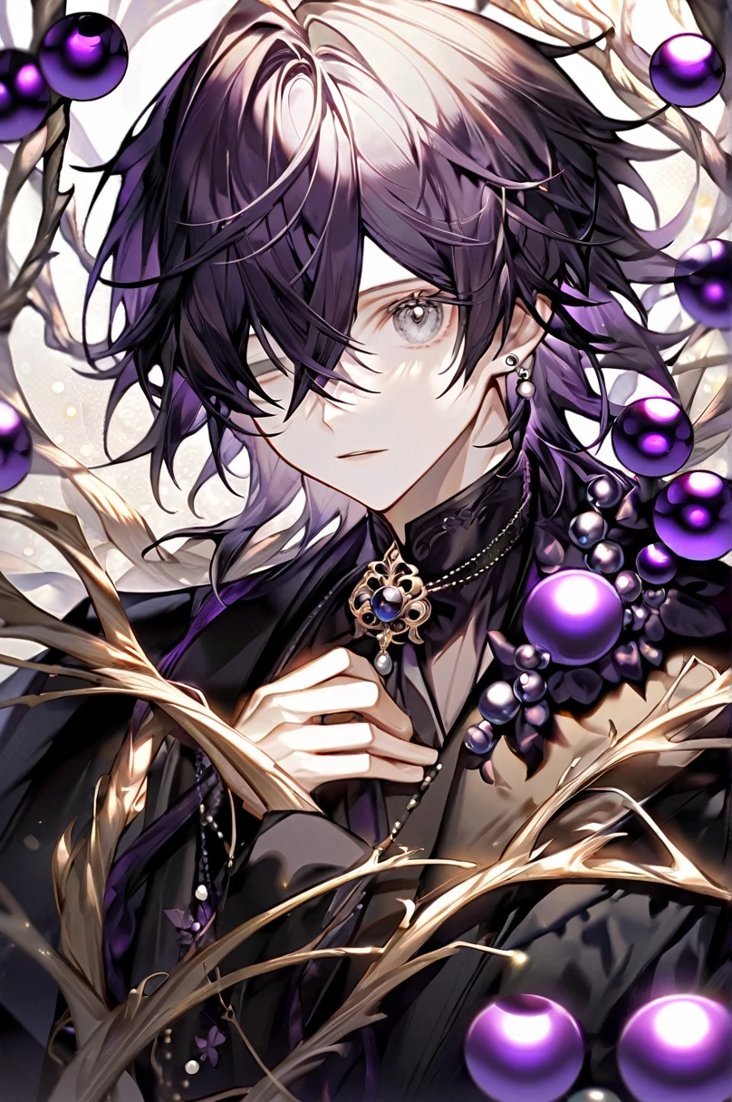 1boy, solo, adult, male focus, (((the pupil of the eye is black, the white of the eye is black))), (((long dark-pearl hair))), wavy hair, pale skin, thorny vines entwine the hair, graceful delicate facial features, dark purple aristocrat's clothes, black cloak covers his head, half body