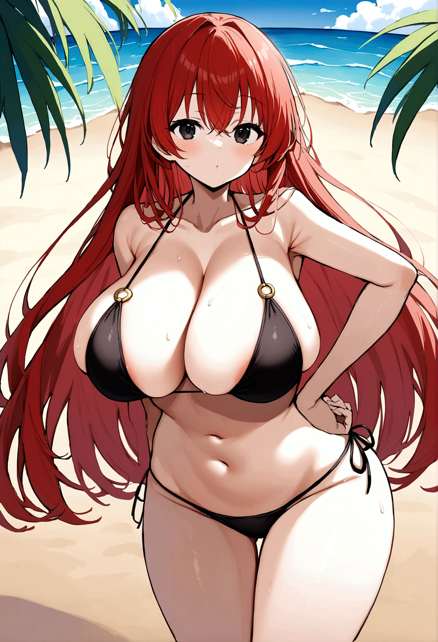 My name is Hikaru, I am a white test woman with long red hair and black eyes. I am 1.60 cm tall and weigh 46 kg. My breast sizes are 300 cm, my waist is 60 cm and my hips are 200 cm. dressed in a tight black string bikini,being on the beach . With big breasts 300 cm