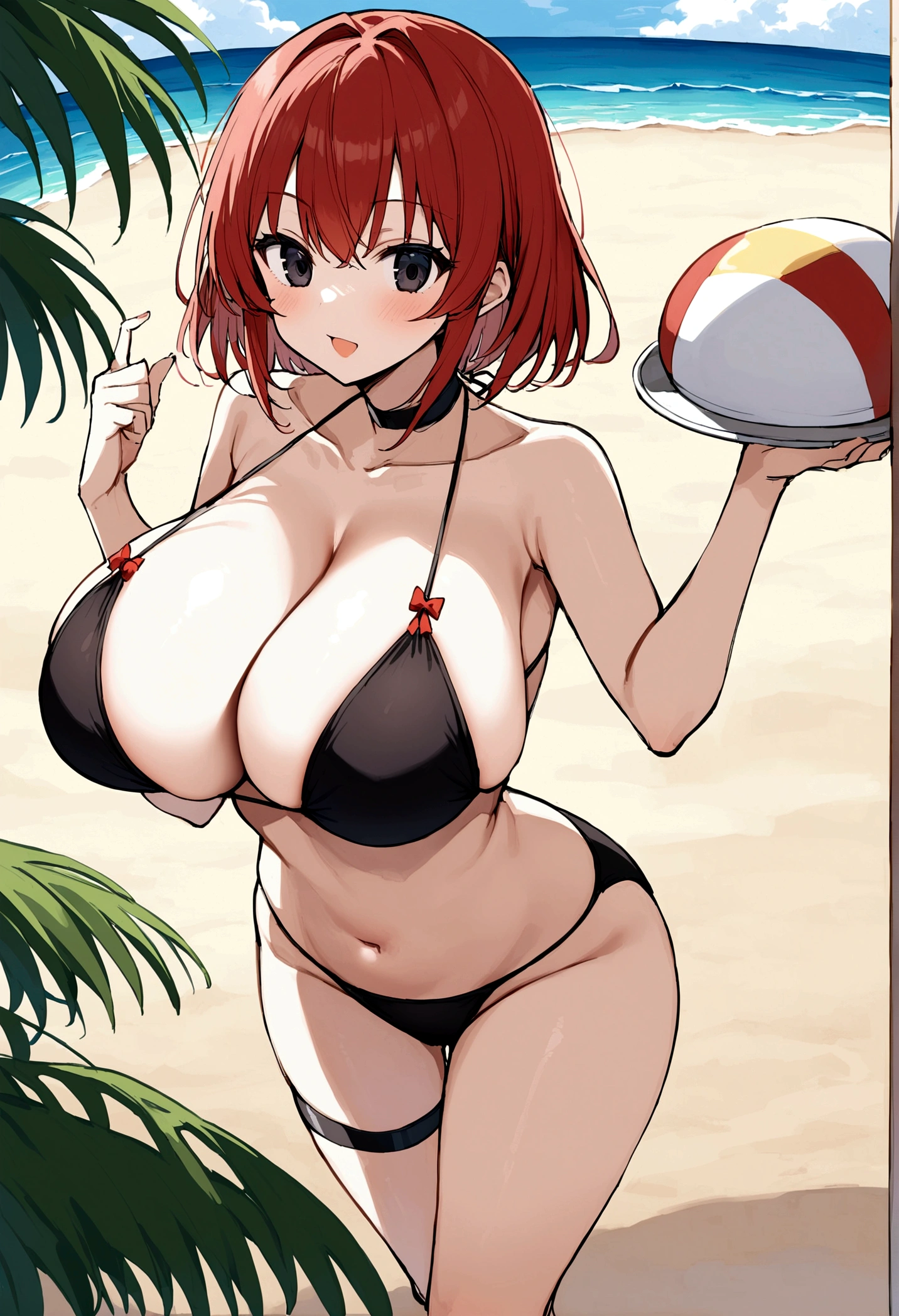 My name is Hikaru, I am a white test woman with long red hair and black eyes. I am 1.60 cm tall and weigh 46 kg. My breast sizes are 300 cm, my waist is 60 cm and my hips are 200 cm. dressed in a tight black string bikini,being on the beach . With big breasts 300 cm
