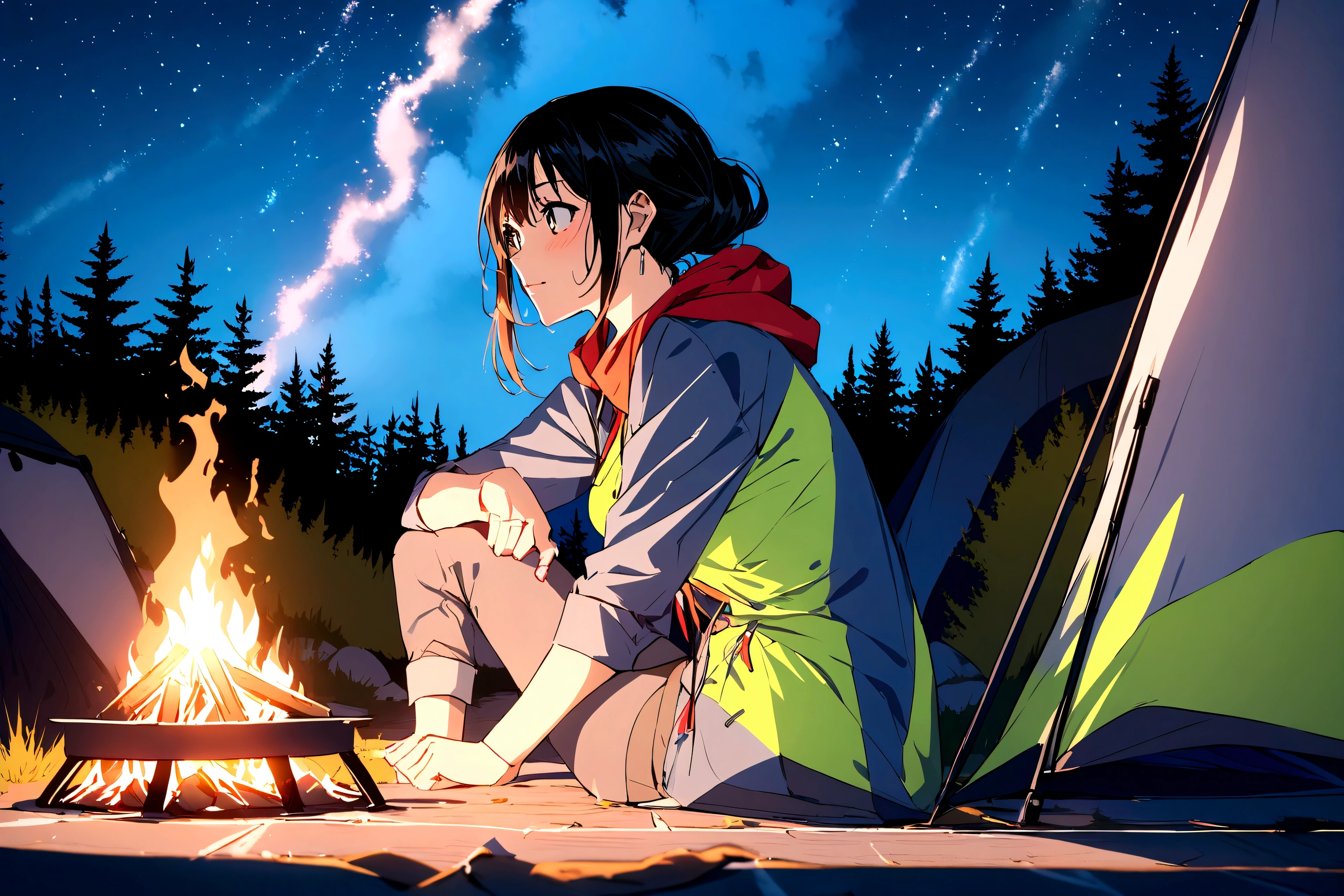Woman having a bonfire at night