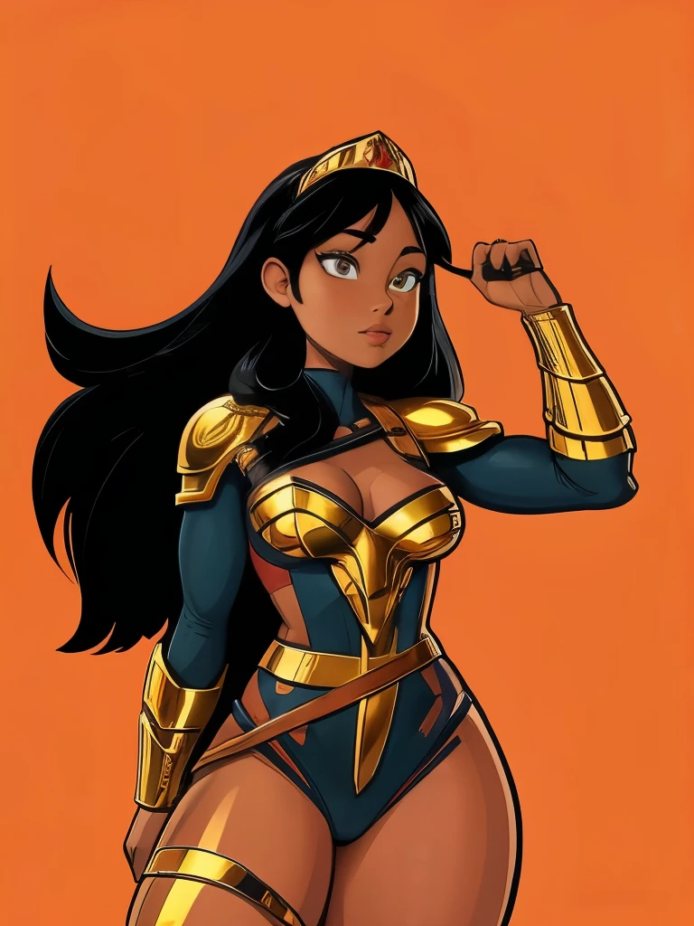 (cowboy shot), sfw, (artwork), CARTOON, ANIME, CARTOON ARTSTYLE, (Detailed face:1.2), (Detailed eyes:1.2), (Hourglass figure:1.2) BREAK 1girl, Yara Flor, dark-skinned female, black hair, long hair, amber eyes, leotard, golden armor, golden armored boots, golden tiara, holding a golden lasso BREAK she's holding on a golden lasso with a tight grip, she's looking at the camera with an thrilled and excited look on her face, she's ready for an adventure 
