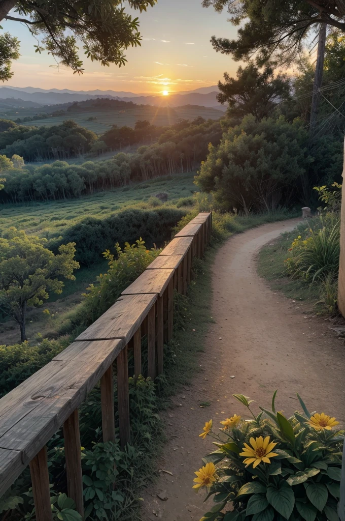 backcountry, SUNSET, Afternoon, fild, TREES, realisitic, muito realisitic, grama verde, plants, flowers, SUNSET alaranjado, casa de fild com cercas, animals.