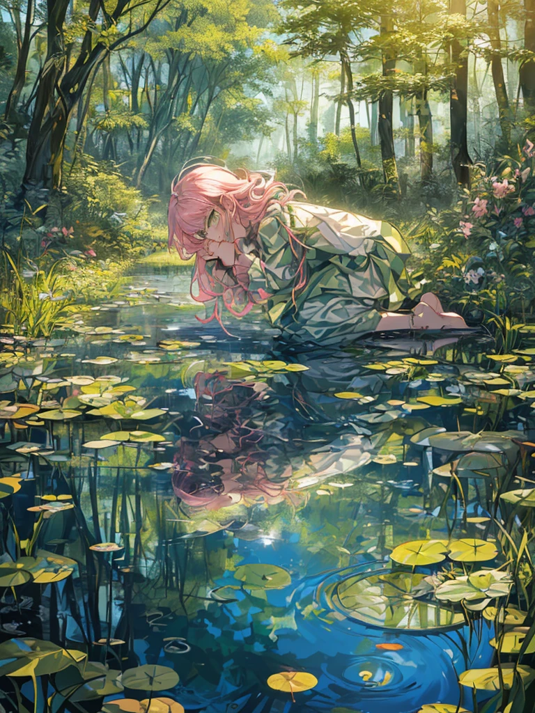 ((((Outdooring,The wilderness, pond, lake)), 1girl, calm, sitting, (((Verdant Huntress)), (fairy:, pale skin, long hair, ((green eyes)), ((radiant aura)), ((strength emanating from the whole)), pink bow, green clothes, (natural attire), (( accessories)), ((lighting:1.2), soft, gentle, peaceful)), ((centered)), (wide shot), facing viewer, ((pond ripples,))(((wolf pack:0.5))), ((kneeling)), ((resting hands, hands on knees,))), hands folded, (curl knees), looking down, focusing on the natural world, ((serene face,)) friendly, harmonious