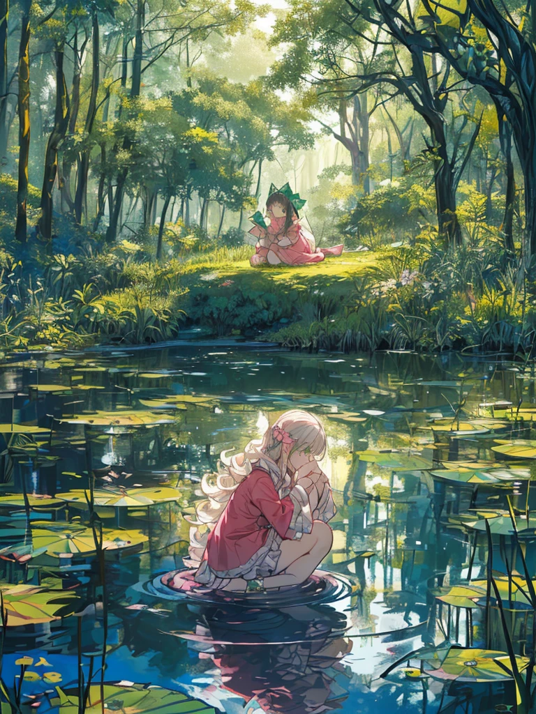 ((((Outdooring,The wilderness, pond, lake)), 1girl, calm, sitting, (((Verdant Huntress)), (fairy:, pale skin, long hair, ((green eyes)), ((radiant aura)), ((strength emanating from the whole)), pink bow, green clothes, (natural attire), (( accessories)), ((lighting:1.2), soft, gentle, peaceful)), ((centered)), (wide shot), facing viewer, ((pond ripples,))(((wolf pack:0.5))), ((kneeling)), ((resting hands, hands on knees,))), hands folded, (curl knees), looking down, focusing on the natural world, ((serene face,)) friendly, harmonious