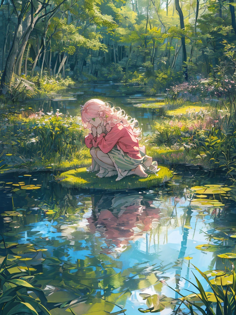 ((((Outdooring,The wilderness, pond, lake)), 1girl, calm, sitting, (((Verdant Huntress)), (fairy:, pale skin, long hair, ((green eyes)), ((radiant aura)), ((strength emanating from the whole)), pink bow, green clothes, (natural attire), (( accessories)), ((lighting:1.2), soft, gentle, peaceful)), ((centered)), (wide shot), facing viewer, ((pond ripples,))(((wolf pack:0.5))), ((kneeling)), ((resting hands, hands on knees,))), hands folded, (curl knees), looking down, focusing on the natural world, ((serene face,)) friendly, harmonious