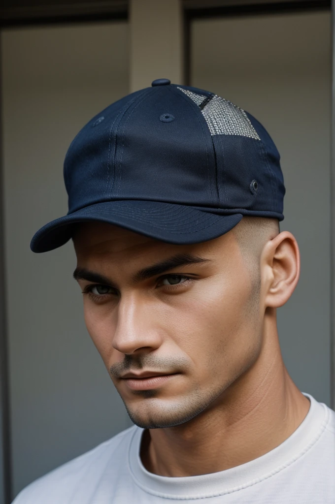 A man with shaved haircut wearing a cap.