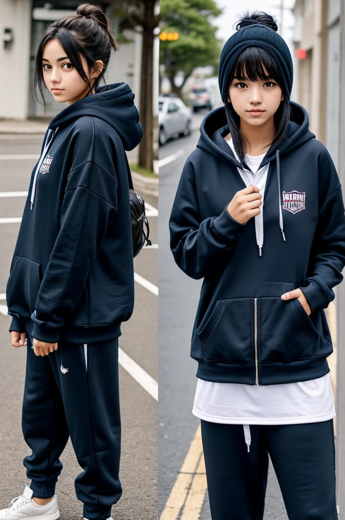 A mature, cool 16-year-old girl in manga style, wearing casual clothes like a hoodie or jogging pants, with dark blue almost black hair.
