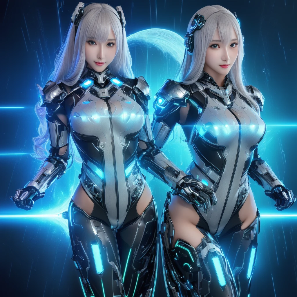 Super Detail, High Detail, high quality, best quality, High resolution,1 female robot,Beautiful female robot,beautiful clear face(Rain waves_haneame:1.5), Mechanical body(Smooth metal surface,silver armor,Mechanical seams of skin,beautiful body curves),Mechanical body structure,High-tech all over the body(fighter Suit : 1.5),Streamlined mechanical armor (Relatively thick,Highlight breast curves),Technology Antenna Hair Accessories