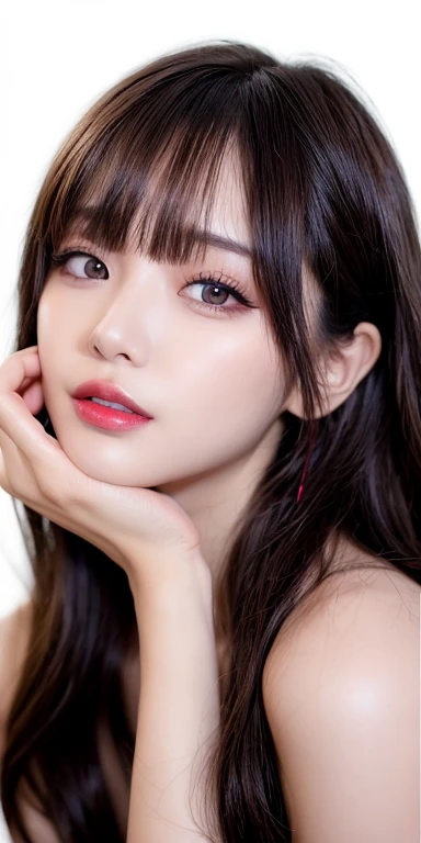 Canon RF 85mmf/1.2,masutepiece,Best Quality,超A high resolution,tu,1 girl,(Korean mixed,Kpop Idol:1.2),Solo,white_shiny_skin,Black eyes,Necklace,brown_long_Wavy_hair,Red lipstick bright_shiny_Lips,Eyelashes,Bangs,deal,make - up,shiny,Pore,skin texture,Bracelet,off shoulders,See-through,Big breasts