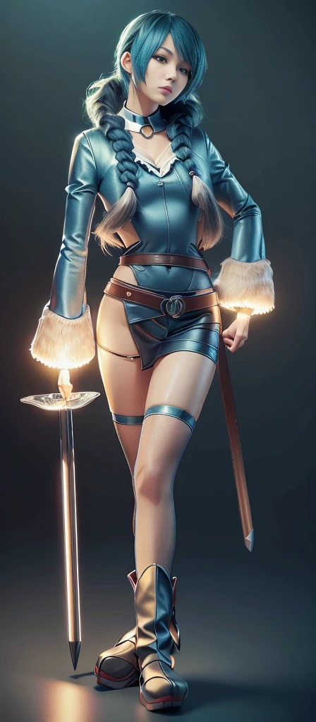 Blue Hair Surrealism, Character table, Reference Table, Standing painting, 8K, Super Detail, 1080P, Women HD, 4K, 8K, 16K, high resolution, best quality, high quality, Anatomically correct, masterpiece, precise, Ultra HD,grace,Unreal Engine,Delicate face,Long braids,slim,Long legs,miniskirt