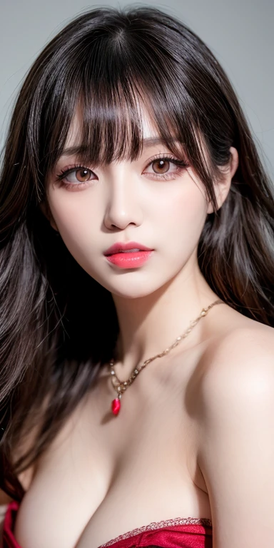 Canon RF 85mmf/1.2,masutepiece,Best Quality,超A high resolution,tu,1 girl,(Korean mixed,Kpop Idol:1.2),Solo,white_shiny_skin,Black eyes,Necklace,brown_long_Wavy_hair,Red lipstick bright_shiny_Lips,Eyelashes,Bangs,deal,make - up,shiny,Pore,skin texture,Bracelet,off shoulders,See-through,Big breasts