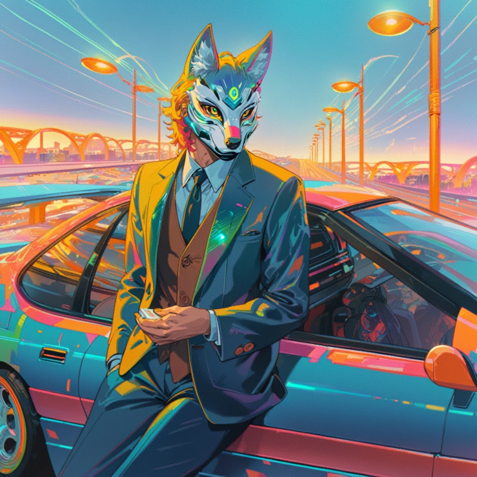 A man in a suit and tie stands next to a car, Just a joke, An anthropomorphic cyberpunk fox, Cathy Weldon, synthwave art, Epic retro wave art, masterpiece Epic retro wave art, author：Justin Gerard, synthwave art style, synthwave art style ]!!, kilian eng bright colors, author：Jason Benjamin
