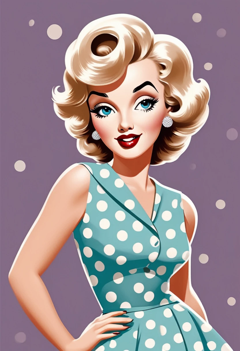 Close-up image of Marilyn Moore Vector illustration in cute little polka dot dress with details.