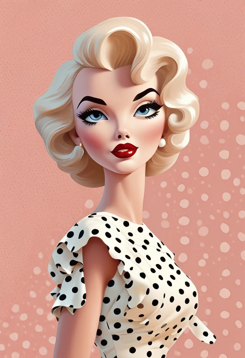 Close-up image of Marilyn Moore Vector illustration in cute little polka dot dress with details.